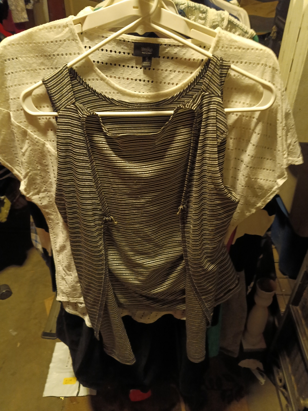 A. Byer Black and White Striped Drape-Front Tank